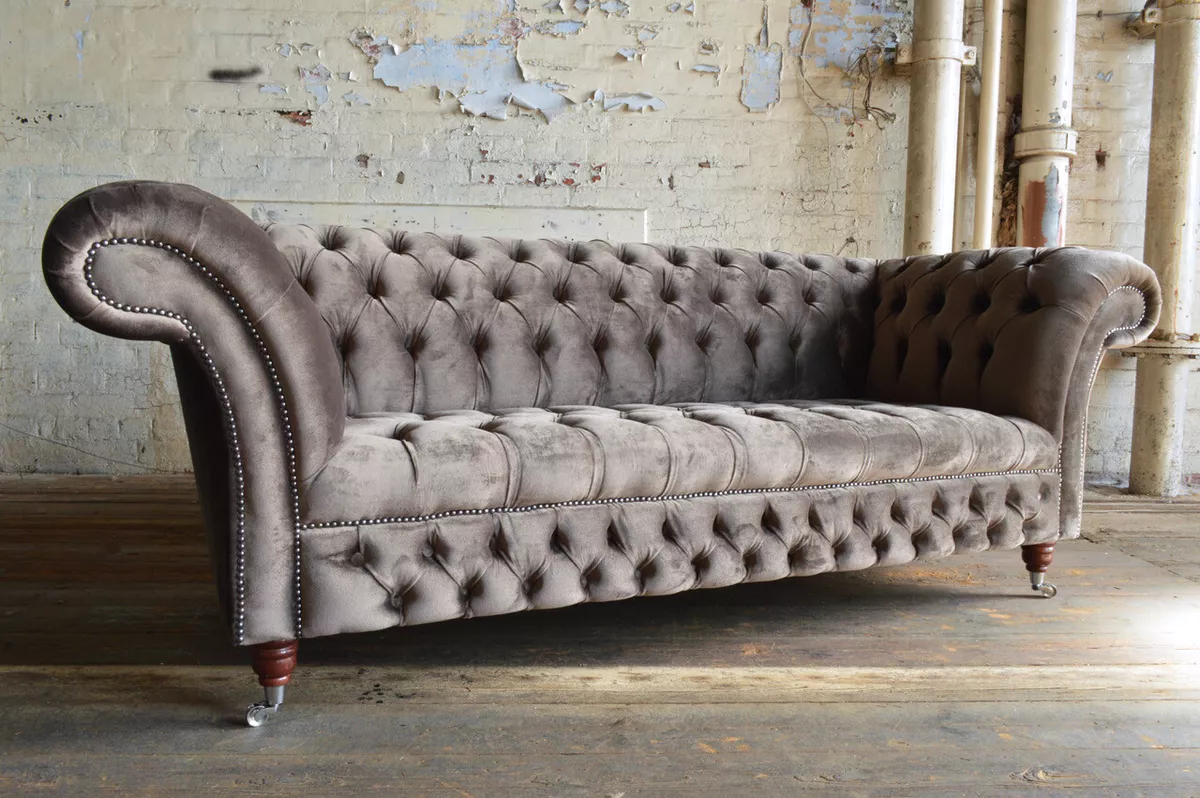 British Handmade 3 Seater Taupe Velvet Chesterfield Sofa Fabric