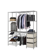 Extendable Chrome Wardrobe Clothes Rail With 3 x Cream Linen Pull Out Storage