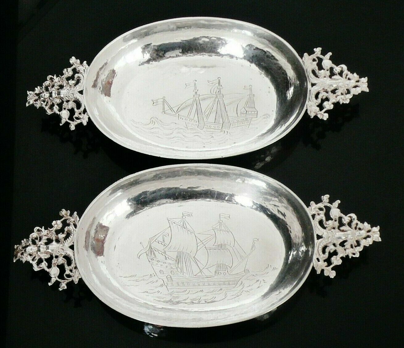2 Decorative Sterling Silver Dishes with Ships, Neresheimer & Co, London 1925