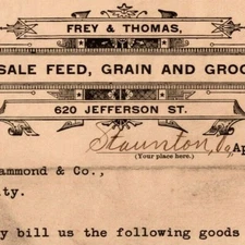 1903 Scarce Frey & Thomas Feed Grain Groceries Staunton, VA Letterhead Billhead