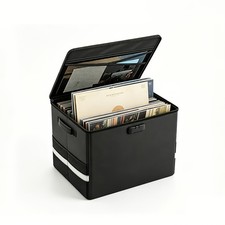 Locked Vinyl Record Storage Crate, Holds 100 12" Albums, Collapsible with Lid