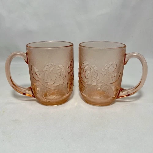 Set of 2 Vintage Arcoroc France Rosaline Pink Glass Rose Floral Coffee Cups Mugs