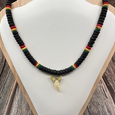 Black Wood Bead Shark Tooth Style Pendant Necklace Rasta Boho Tribal Statement