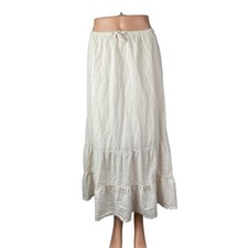 Brandy Melville Olive Women's White Embroidered Lace Tiered Midi A-Line Skirt 4