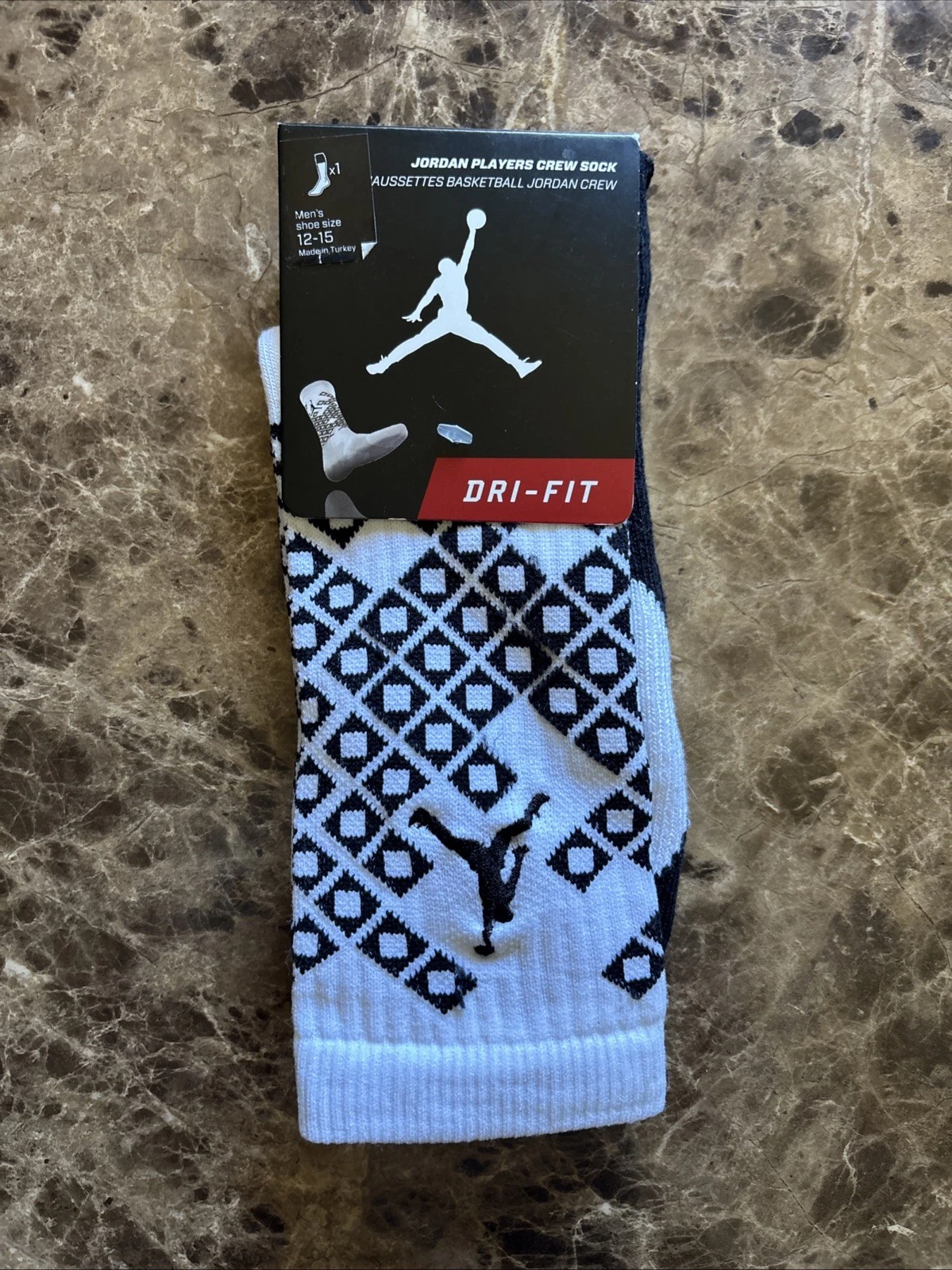 RARE Nike Air Jordan Players Crew Sock Men’s Size 12-15 Dri-fit White/Black NWT