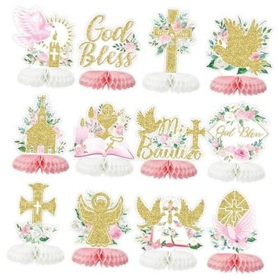 12Pcs Baptism Honeycomb Centerpieces Party Decor,Bless Cross Religious Pink God