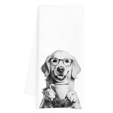 Golden Retriever Kitchen Towels 16x24 Inch Coffee Themed Dog Lover Hand Towels