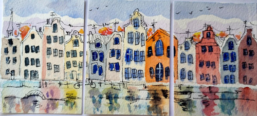 Triptych ACEO ORIGINAL watercolor painting -Amsterdam _ 2.5x3.5 in MK