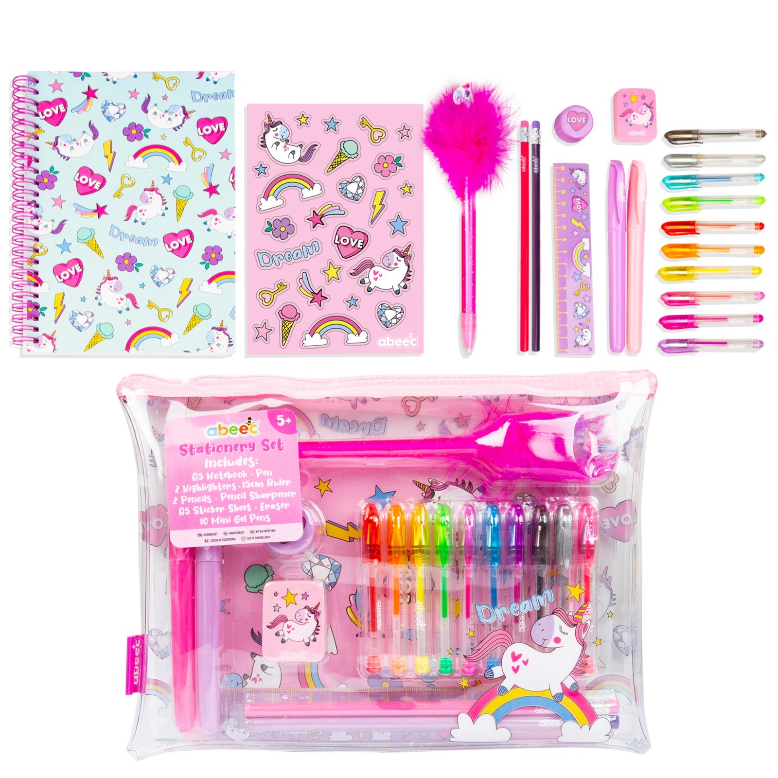 Unicorn Stationery Set Girls – A5 Notebook, Pencil Case, Gel Pens, Fluffy Pen