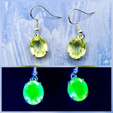 Sterling Vaseline Glass Earrings Dangle Oval Yellow Uranium Glass 925 Silver