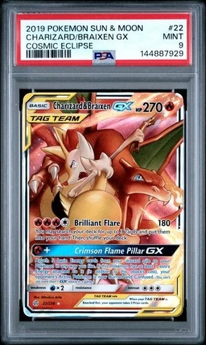 PSA 9 Charizard & Braixen GX 22/236 Pokemon Cosmic Eclipse Tag Team