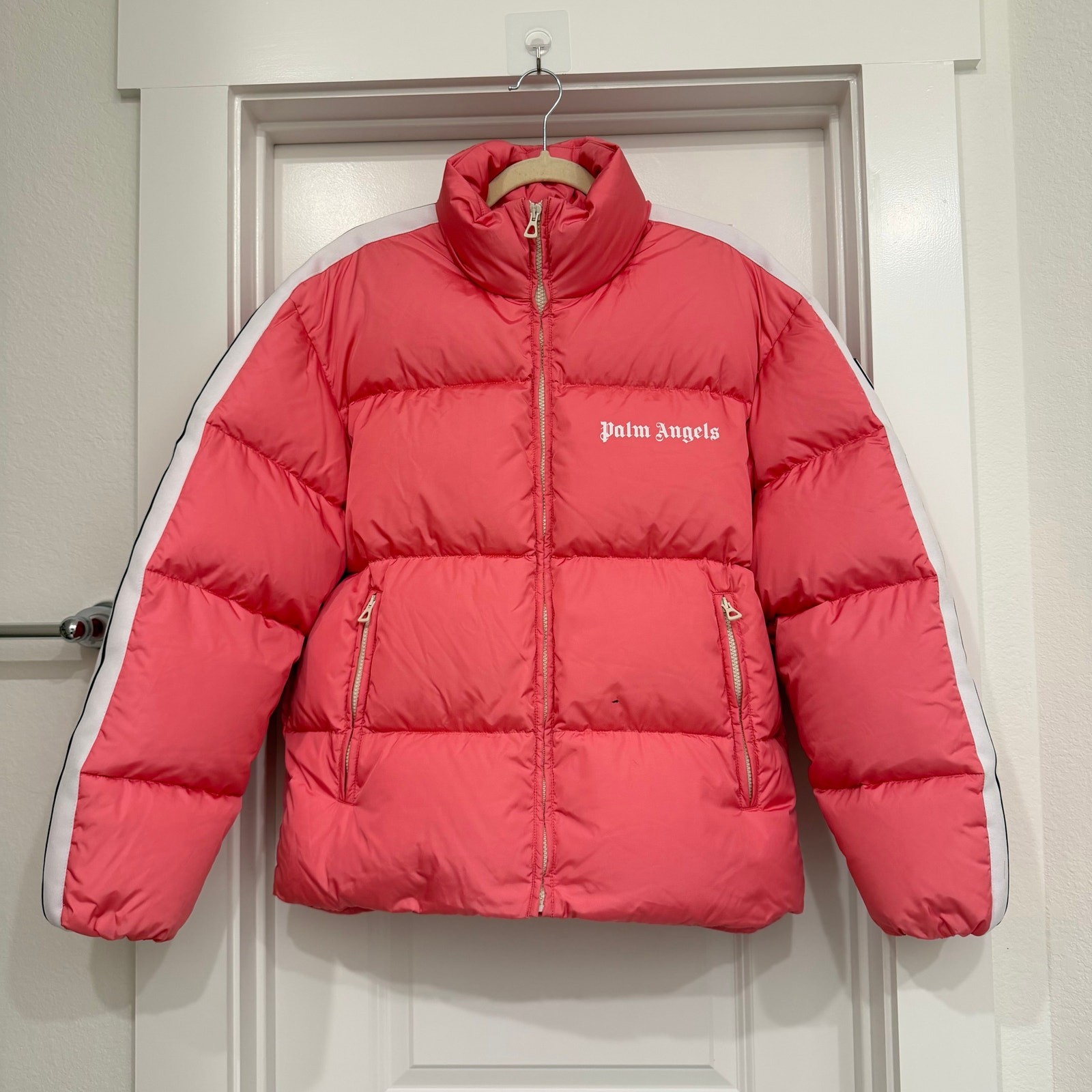 Palm Angels Classic Track Down Puffer Jacket in Pink/White Size XS image 4
