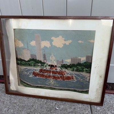 1980s Buckingham Memorial Fountain in Chicago Needlepoint Picture For Repair