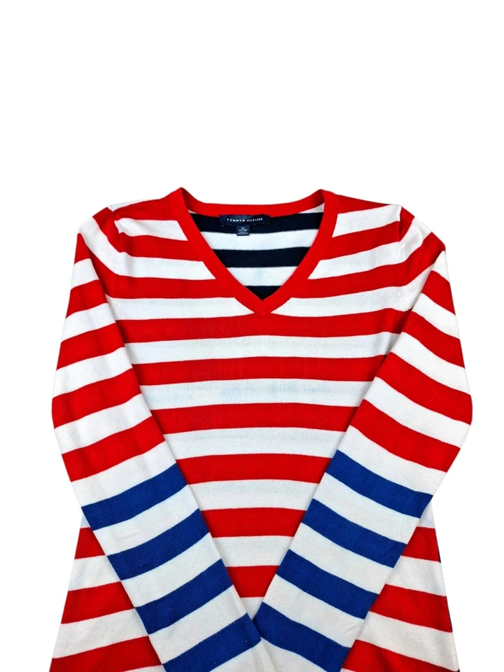 Tommy Hilfiger Pull Rayé Femme XS Col V Rouge Blanc Bleu Coton Bon État - Photo 2/4