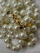 Napier Faux Pearl Necklace Long Knotted 34" Long Fish Hook Clasp Gold Tone