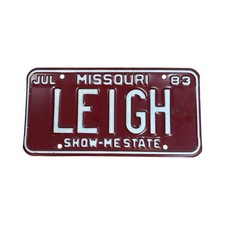 Vintage 1983 Missouri Personalized License Plate LEIGH Show-Me State Maroon