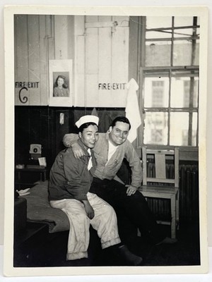 1950s Vtg Snapshot Two Men Affectionate Pose Navy Sailor and Buddy Gay Int Photo