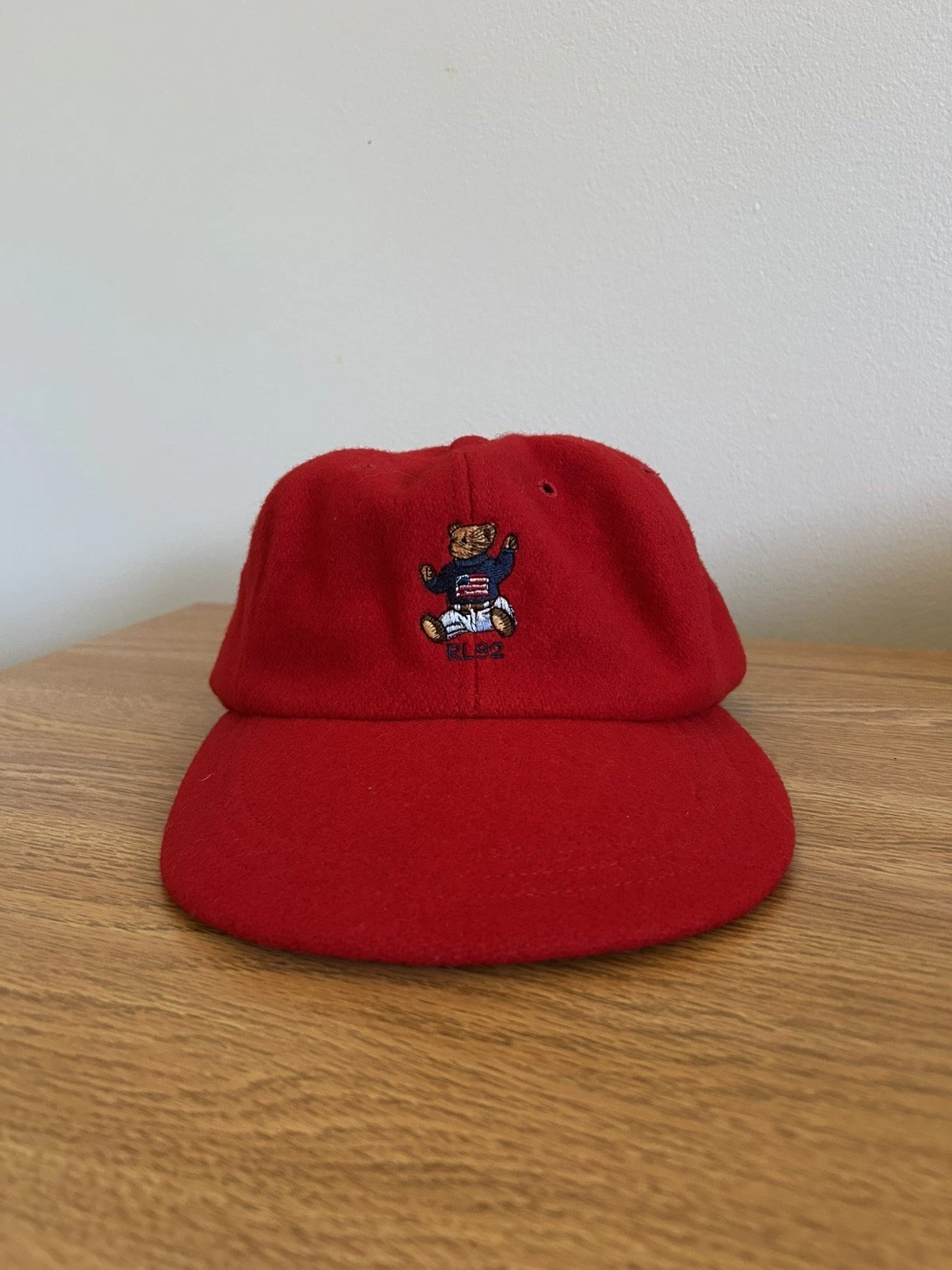 Vintage Polo Ralph Lauren 1992 Sit Down Bear Wool Red Fitted Hat USA Size Large