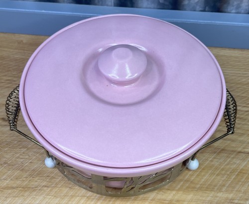 VTG Pink Ceramic Casserole Dish Covered Brass Stand MCM Cottage Core 1.5qt - Picture 2 of 12