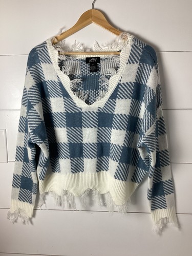 Just Polly Women's Medium Blue Pullover Oversized Crop V Neck Stretchy Sweater