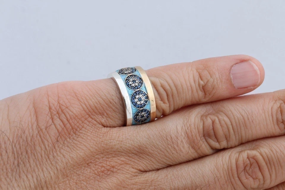 Joyería Turca Esmalte Azul Mal de Ojo Zafiro Topacio Plata de Ley Anillo Todas las Tallas Foto 4 de 4