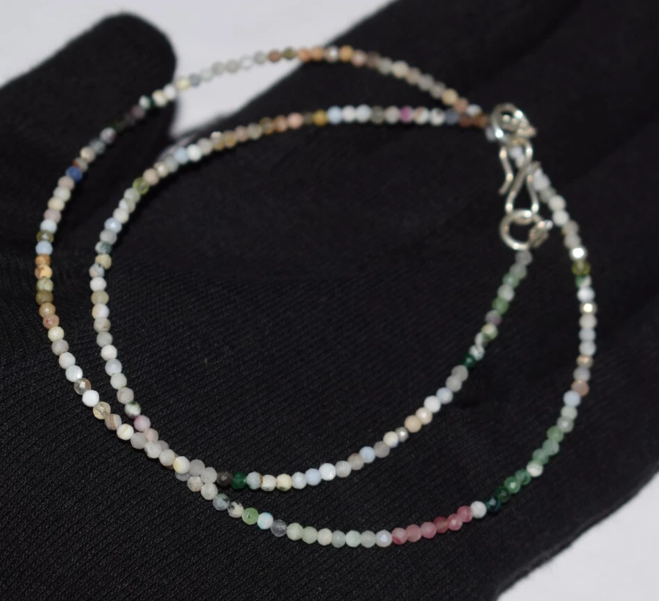 Natural Tourmaline Gemstone 925 Sterling Silver 2 mm Beads 38" String Necklace - Image 2 of 4