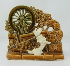 Vintage MCM McCoy Art Pottery Planter Cat & Dog Spinning Wheel Brown