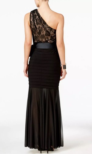BETSY & ADAM Black Lace Shutter Pleated Mesh Hem One Shoulder Gown Size 10P - Picture 2 of 14