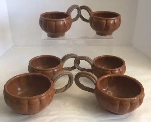 Vtg  Studio Art Pottery, Mugs, Cups, Exaggerate Handle  Artist Signed, Set Of 6