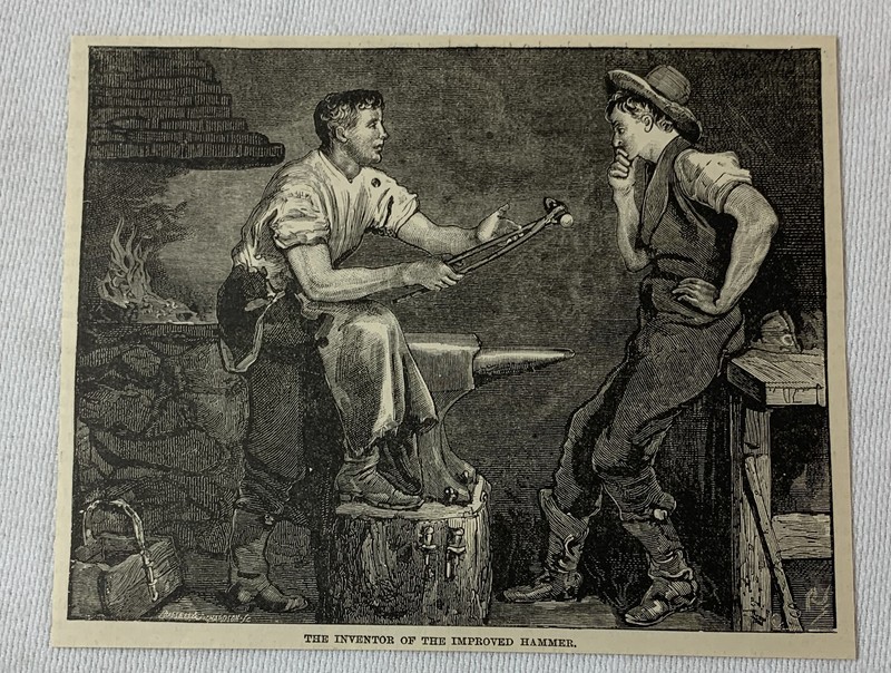 1887 magazine engraving ~ INVENTOR OF THE IMPROVED HAMMER