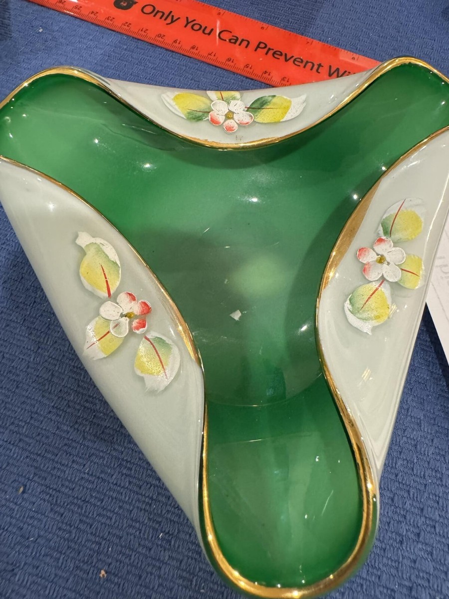 Nasco Japanese Tri Fold Blown Glass Hand Painted Floral Bowl Dish