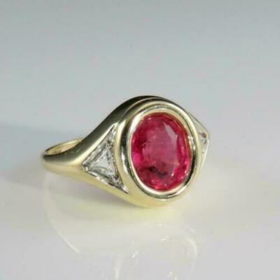 2Ct Lab Created Pink Ruby Bezel Set Trilogy Engagement Ring 14k Yellow Gold FN