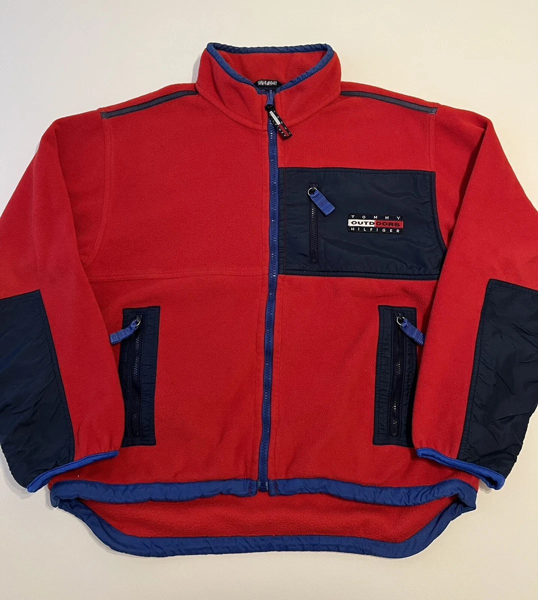 Vintage 90s Tommy Hilfiger Outdoors Expedition Denali Fleece Red Blue Flag Men L