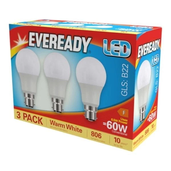 3 x Eveready LED GLS B22 (BC) 806lm 8.5W 2,700K (Warm White) | eBay