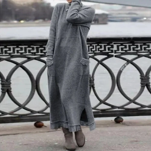 NEU Lässiger lockerer Maxi-Winterkleid Damen Taschenschlitz Fleece Spitze UK - Bild 12 von 28