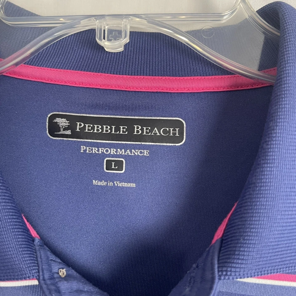 Pebble Beach Mens Polo Shirt L Blue Pink Striped Short Sleeve Performance Golf - Image 2 of 4