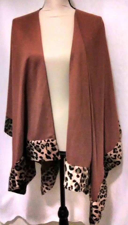 PILIPO USA Women Long Warm Shawl Wrap Brown with faux Leopard lining on bottom - Image 3 of 4