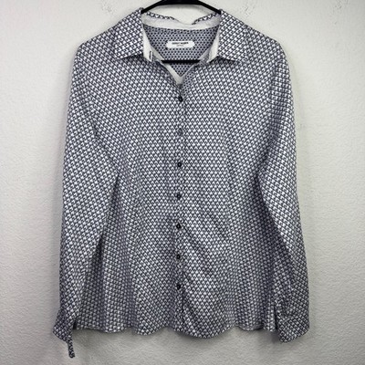 Gerry Weber Edition Shirt Women 14 Blue White Geometric Button Preppy Maximalist