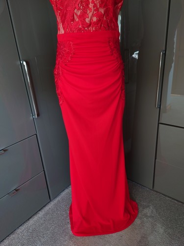 Lipsy Red Lace Embroidered Long Formal Evening Dress 12 Ruched Drape Prom Cruise - Picture 7 of 15