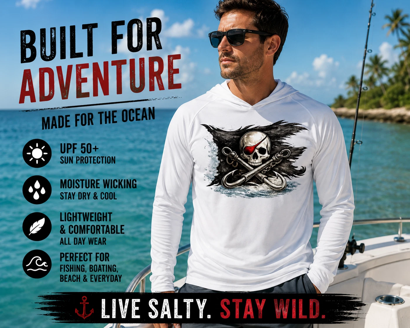 Pirate Flag Captain Gift UV Protected UPF 50 Long Sleeve T-Shirt Hood Fishing