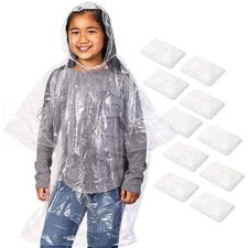 Juvale 10-Pack Kids Disposable Rain Ponchos with Hood, Clear - One Size Emergenc