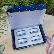 Dansk Bistro Napkin Rings Cook & Serve Set Of Four In Box White With Blue Trim