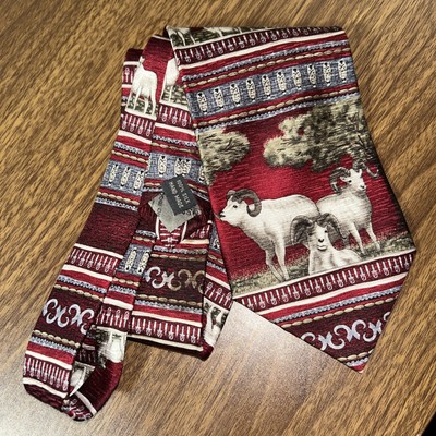 VTG Tesoro Rosso Tie Men Classic Handmade 100% Silk L 60'' W 3.75  Goats Rams Red