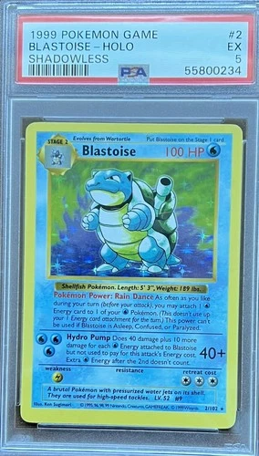 1999 POKEMON BASE SET SHADOWLESS #2 BLASTOISE-HOLO PSA 5