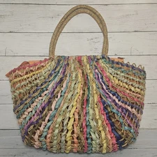 Sun N Sand Tote Bag Multicolor Rainbow Straw Woven Natural Boho Beach Vacay Zip