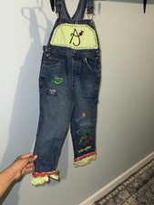 Vintage Kids Denim Overalls with Lime Green Bib and Ruffle Trim