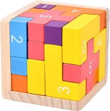 Wooden Puzzle Blocks Brain Teasers Game 3D Building Toy Geometric Wood Shape Puz