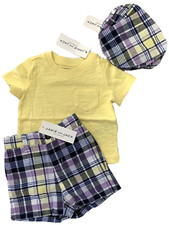 NWT Janie and Jack Boys 3-6 Month Purple Plaid Shorts, Hat, and Yellow Shirt