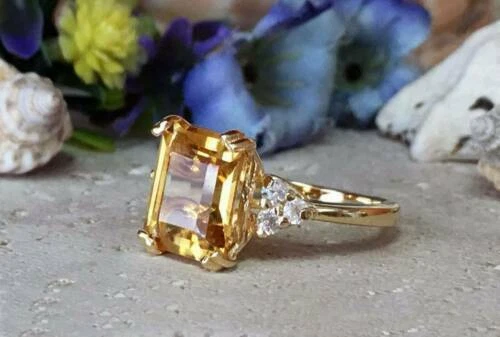 Anel feminino folheado a ouro amarelo 14K corte esmeralda citrino amarelo e diamante 4 quilates - Imagem 3 de 3