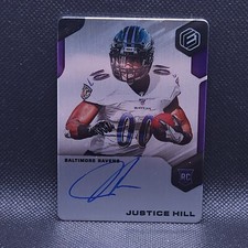 2019 Panini Elements Rookie Signatures Justice Hill Metal Card #193. rookie card picture